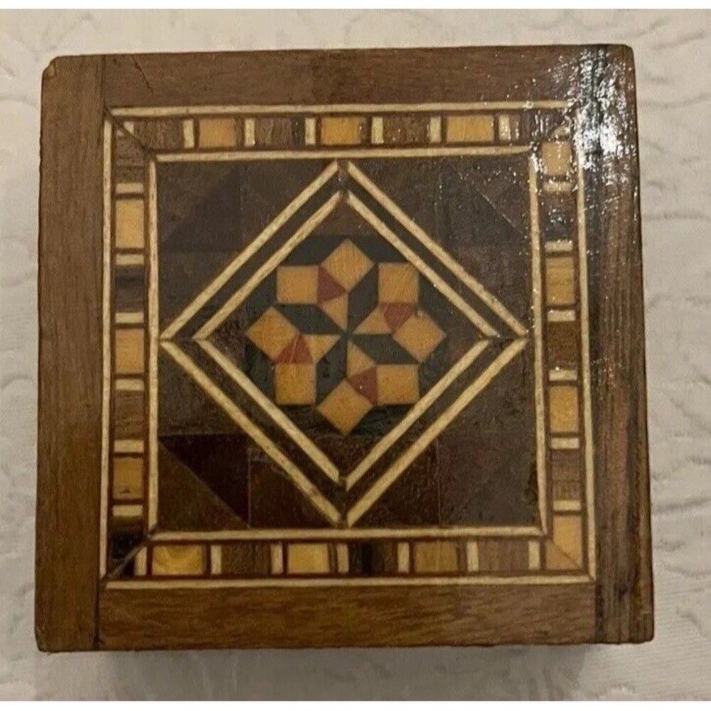 Vintage Trinket Box Wooden Marquetry Handmade Inlaid Jewelry Gift